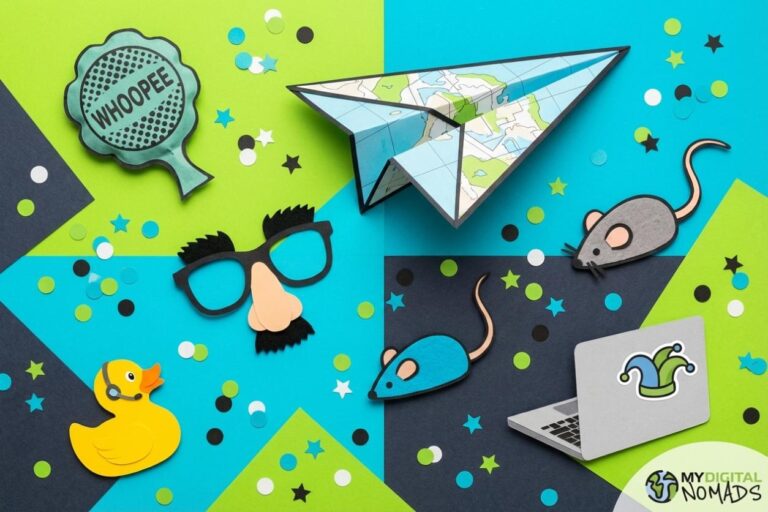 A digital nomad laughing at their laptop, celebrating April Fools digital nomads