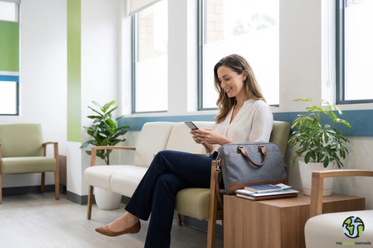 Digital nomad insurance - laptop and travel documents on a desk with a health insurance card