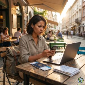 Digital nomad safety - remote worker checking phone news alerts with a packed bag and passport on the desk