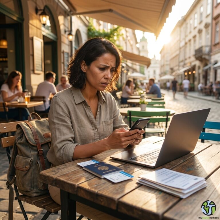 Digital nomad safety - remote worker checking phone news alerts with a packed bag and passport on the desk