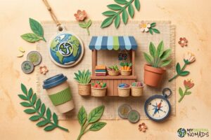 Digital nomads buying fresh produce at a local market, demonstrating ethical travel