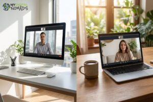 Hybrid work - split image of office desk and home desk setup showing dual workspace