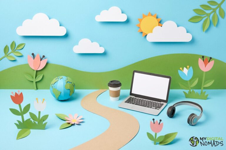 A diverse team of digital nomads collaborating remotely, showcasing remote-first companies