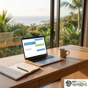 Remote work communication - laptop screen showing chat messages with a notebook beside it