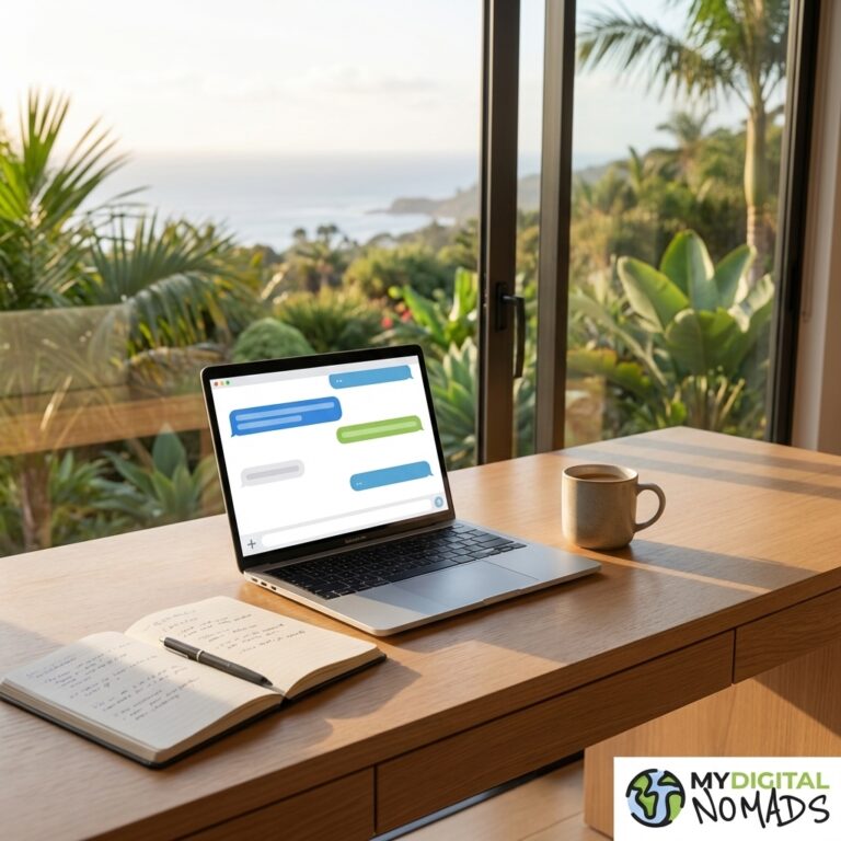 Remote work communication - laptop screen showing chat messages with a notebook beside it
