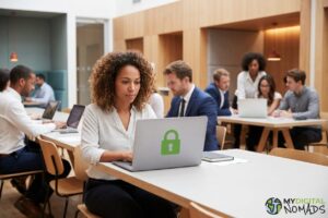 Remote work cybersecurity - laptop with lock icon on screen in a busy co-working space