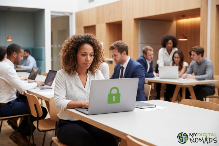 Remote work cybersecurity - laptop with lock icon on screen in a busy co-working space