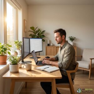 Remote work skills - focused professional working at a desk with multiple screens and notebook