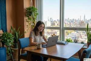 Slowmad lifestyle - remote worker settled in a sunny apartment with plants and a desk setup