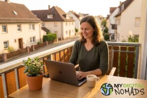A digital nomad working at a desk in a cozy apartment, representing digital nomads settling down.