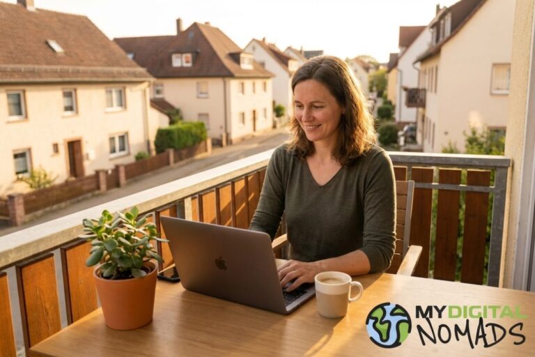A digital nomad working at a desk in a cozy apartment, representing digital nomads settling down.