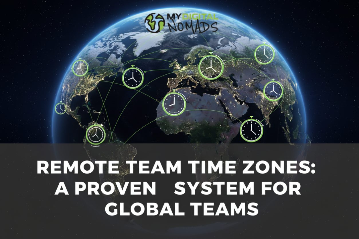 Remote team time zones - world map with clock icons showing different working hours