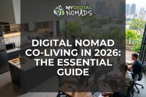 Digital nomad co-living space - shared kitchen and co-working area with remote workers