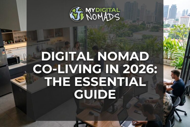 Digital nomad co-living space - shared kitchen and co-working area with remote workers