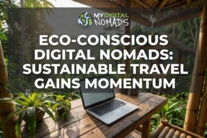 A digital nomad working on a laptop in an eco-lodge, surrounded by nature, emphasizing eco-conscious digital nomads.