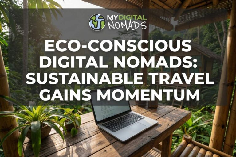 A digital nomad working on a laptop in an eco-lodge, surrounded by nature, emphasizing eco-conscious digital nomads.