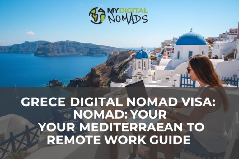 A digital nomad works on a laptop overlooking the Aegean Sea in Greece, with the Greece digital nomad visa as a focus.