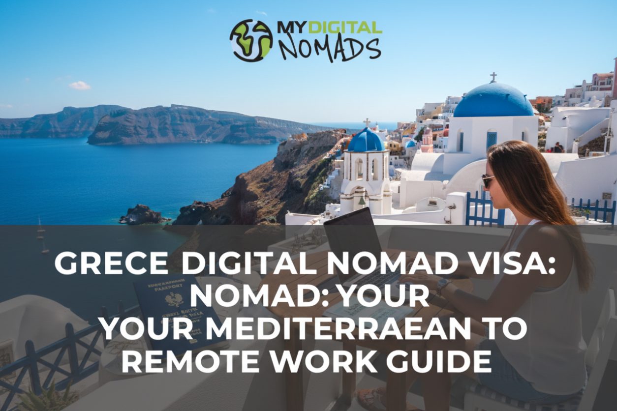 A digital nomad works on a laptop overlooking the Aegean Sea in Greece, with the Greece digital nomad visa as a focus.