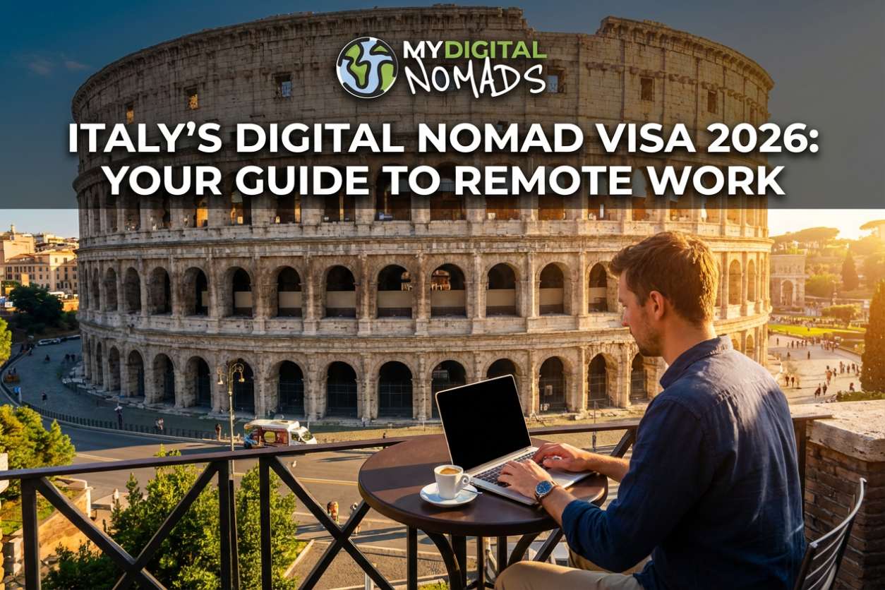 Colosseum in Rome with a digital nomad working on a laptop, Italy digital nomad visa