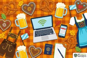 Digital nomads enjoying Oktoberfest 2026 in Munich with laptops