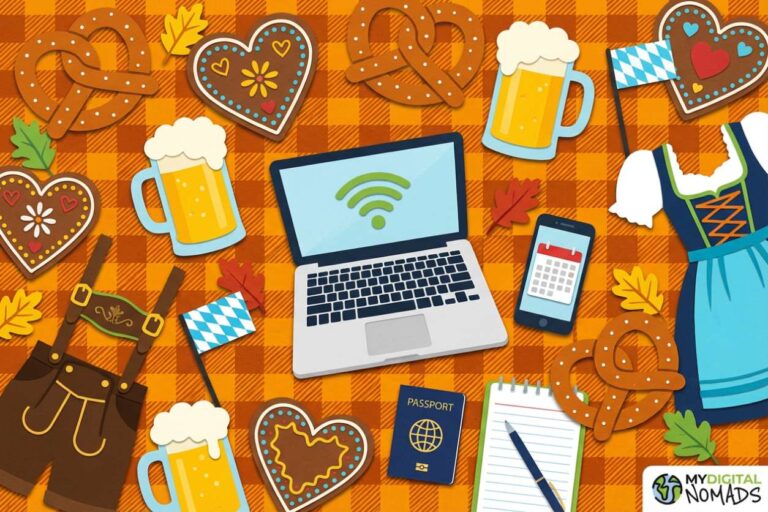 Digital nomads enjoying Oktoberfest 2026 in Munich with laptops