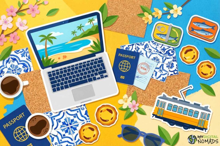 A digital nomad working on a laptop with a scenic view of Lisbon, Portugal.