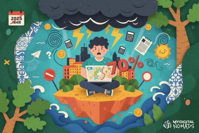 Digital nomad looking at laptop with Lisbon skyline, contemplating Portugal tax changes