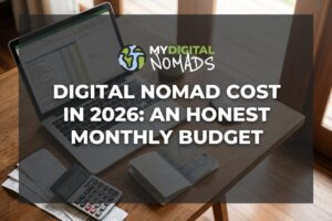 Digital nomad cost breakdown - calculator and receipts on desk next to laptop and passport
