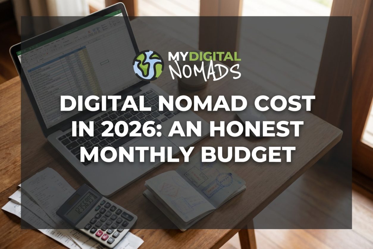 Digital nomad cost breakdown - calculator and receipts on desk next to laptop and passport