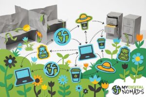 A diverse team of digital nomads collaborating remotely, showcasing remote-first companies