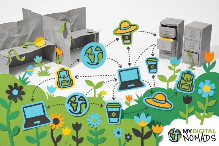 A diverse team of digital nomads collaborating remotely, showcasing remote-first companies