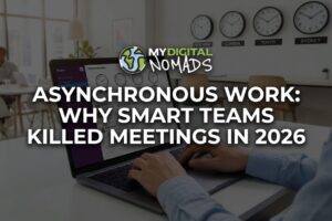 Asynchronous work - remote worker responding to messages on laptop with multiple time zone clocks