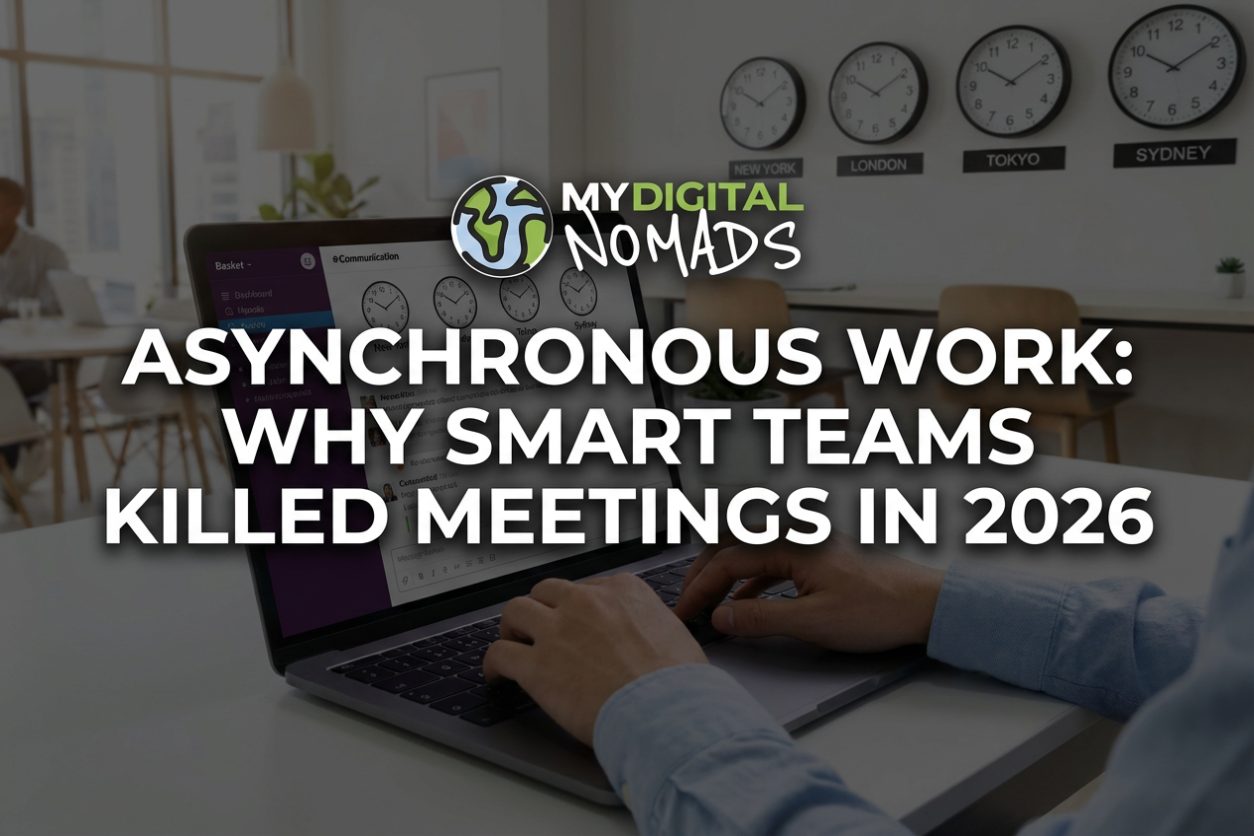 Asynchronous work - remote worker responding to messages on laptop with multiple time zone clocks
